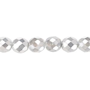 Bead, Czech fire-polished glass, clear with half-coat metallic silver and chrome, 8mm faceted round. Sold per 15-1/2" to 16" strand.