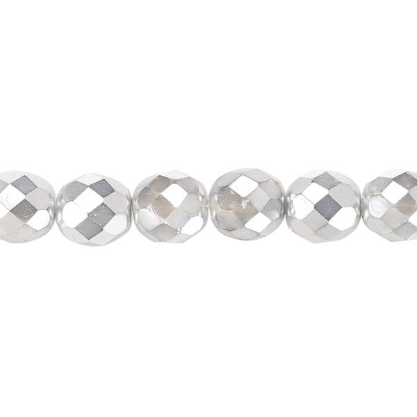 Bead, Czech fire-polished glass, clear with half-coat metallic silver and chrome, 8mm faceted round. Sold per 15-1/2" to 16" strand. image number 0