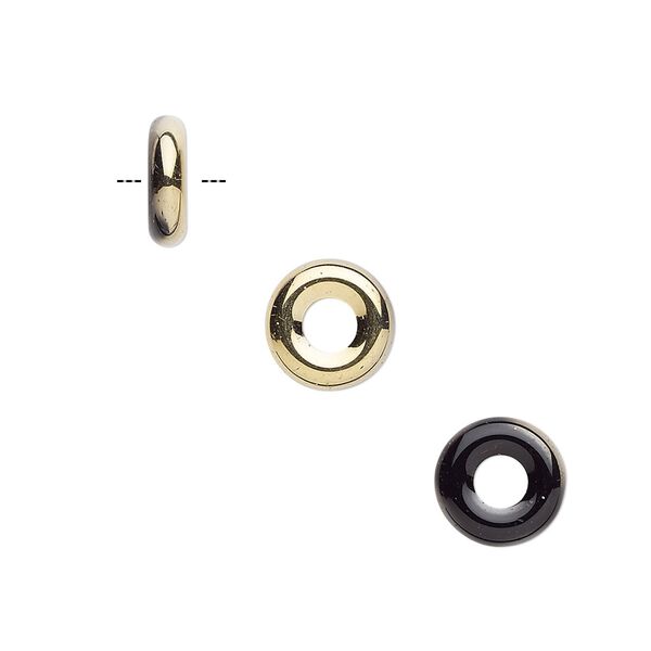 Bead, Czech pressed glass, opaque jet with half-coat bronze gold, 9.5x3mm ring. Sold per pkg of 50. image number 0