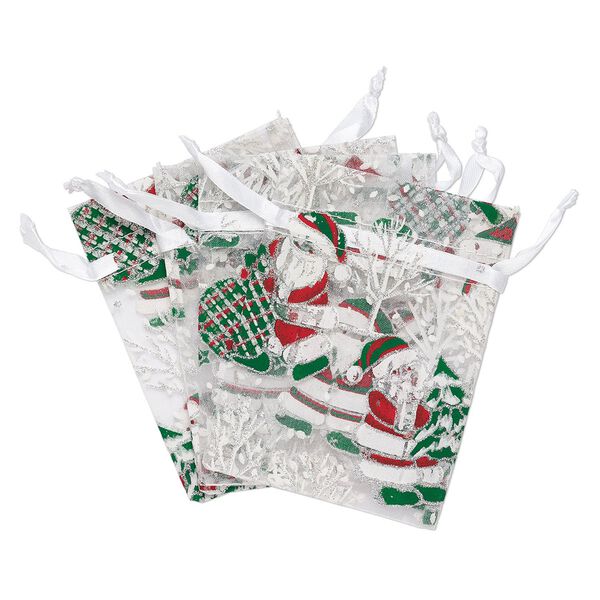 Pouch, organza, multicolored with glitter, 4-3/4 x 3-1/2 inches with Santa Claus and Christmas tree pattern with drawstring closure. Sold per pkg of 4. image number 0