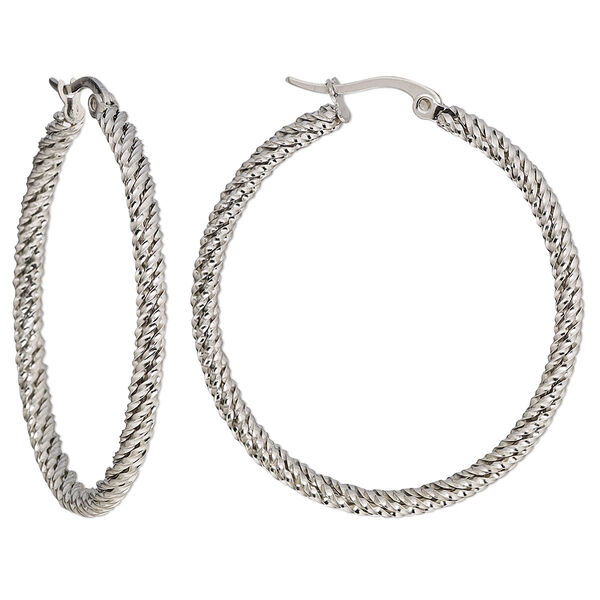 Earring, stainless steel, 41.5mm twisted round hoop with latch-back closure. Sold per pair. image number 0