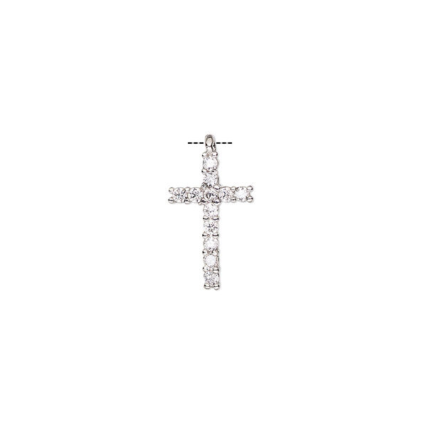 Drop, cubic zirconia and silver-finished brass, clear, 14x9mm single-sided cross. Sold individually. image number 0