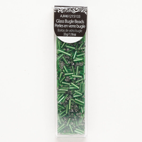 Bugle bead 1pkg1 glass, 7x2mm round tube, 33 gram opaque silver-lined green image number 0