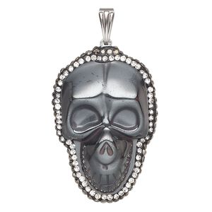 Hemalyke™ / brass / glass rhinestone 1pkg1, silver-finished 1-sided skull pendant 37x25mm