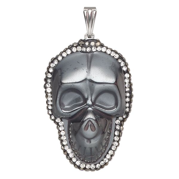 Hemalyke™ / brass / glass rhinestone 1pkg1, silver-finished 1-sided skull pendant 37x25mm image number 0