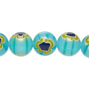 Bead, millefiori glass 1pkg1, translucent aqua / dark blue / golden yellow, 11-13mm round, 15 inches.