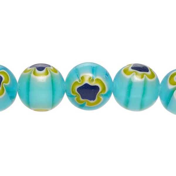 Bead, millefiori glass 1pkg1, translucent aqua / dark blue / golden yellow, 11-13mm round, 15 inches. image number 0