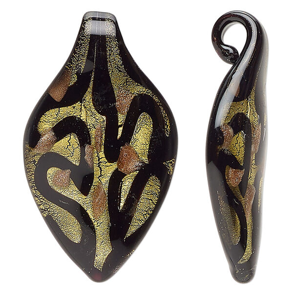 Focal, lampworked glass, clear and opaque black, 40x22mm-41x23mm leaf with copper-colored glitter and gold-colored foil Sold individually. image number 0
