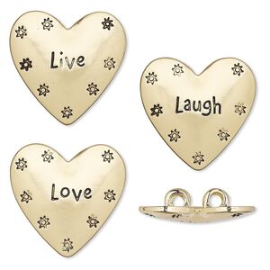 Spacer, gold-finished "pewter" (zinc-based alloy), 25x24mm 2-strand affirmation heart with flower / "Live" / "Laugh" / "Love" designs and hidden loops, fits up to 6mm bead. Sold per 3-piece set.