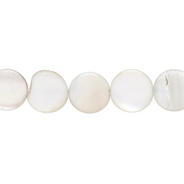 Bead, mother-of-pearl shell (dyed), light grey, 10mm flat round with 0.6-1mm hole, Mohs hardness 3-1/2. Sold per 15-inch strand. image number 0