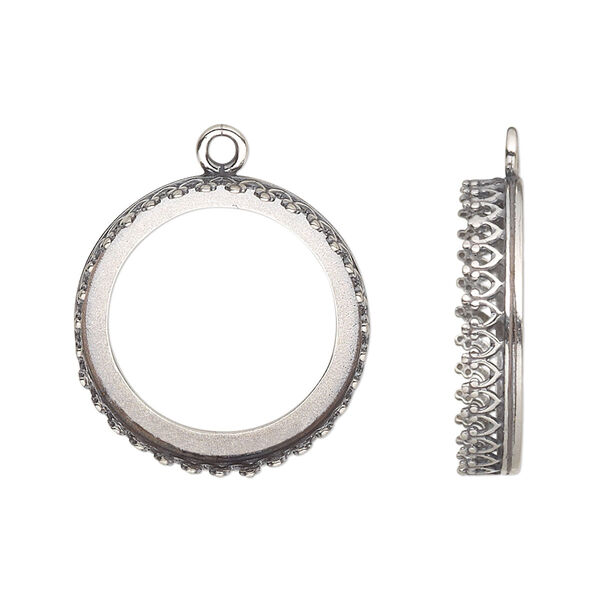 Drop, JBB Findings, antiqued sterling silver, 22mm with open back and decorative trim, 20mm round bezel setting. Sold individually. image number 0