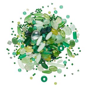 Bead mix, Czech pressed glass, opaque to transparent multi-green, 5x4mm-35x8mm mixed shapes. Sold per 4-ounce pkg, approximately 455 beads.