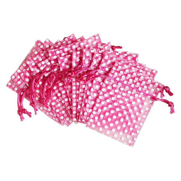 Pouch, organza, hot pink and white, 4x3 inches with dots pattern and drawstring closure. Sold per pkg of 12. image number 0
