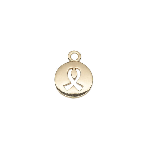Drop, gold-finished "pewter" (zinc-based alloy), 11mm single-sided round with cutout awareness ribbon. Sold individually. image number 0
