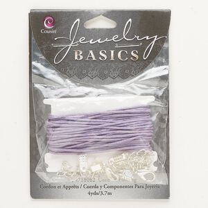 Cord assortment, silver-finished steel and waxed cotton, purple, 4 yards of 1mm round cord with (2) 9x6mm lobster claw clasp and (1) 5mm fold-over crimp. Sold per pkg of 3.