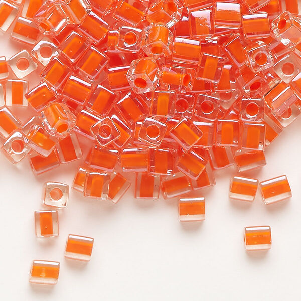 Seed bead, Miyuki, glass, pkg/25g, 3.5-3.7mm square, transparent orange inside dyed color clear (SB-236). image number 0