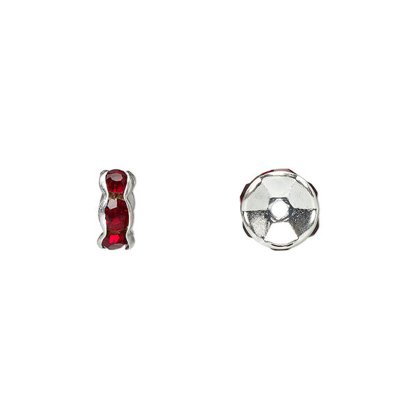 Bead, glass rhinestone and silver-plated brass, garnet red, 7x3.5mm rondelle. Sold per pkg of 10. image number 0