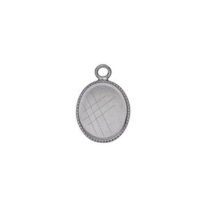 Drop, gunmetal-plated brass, 13x11mm oval with beaded edge and 12x10mm oval bezel setting. Sold per pkg of 12.