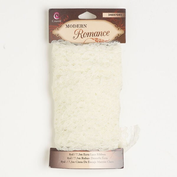 Ribbon 1pkg1 lace, cream, 1-1/2 inch scalloped with floral pattern, 8-yard section. image number 0