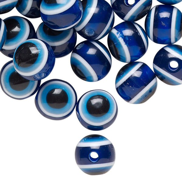 Bead, resin, blue and multicolored, 10mm round with wards off the evil eye design. Sold per pkg of 100. image number 0
