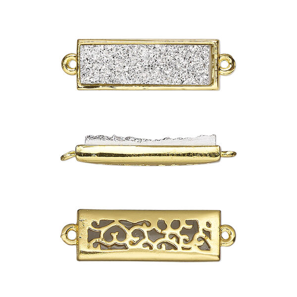 Link, Druzylite™, "druzy" (resin) and gold-finished brass, silver, 21x8mm two-sided rectangle with open filigree back. Sold per pkg of 4. image number 0