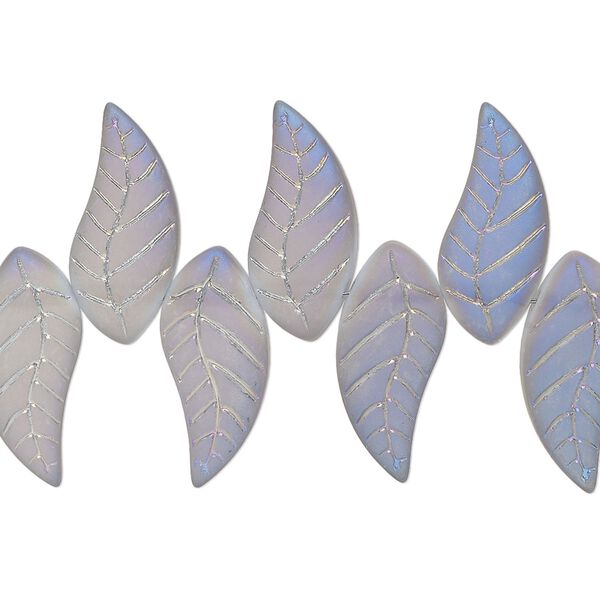 Bead, glass, translucent matte grey blue AB, 18x8mm top-drilled curved leaf. Sold per 8" strand. image number 0