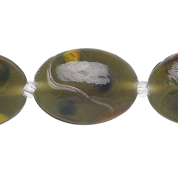 Bead, lampworked glass, clear and dark green with copper-colored glitter and silver-colored foil, 25x20mm puffed oval. Sold per 16-inch strand. image number 0
