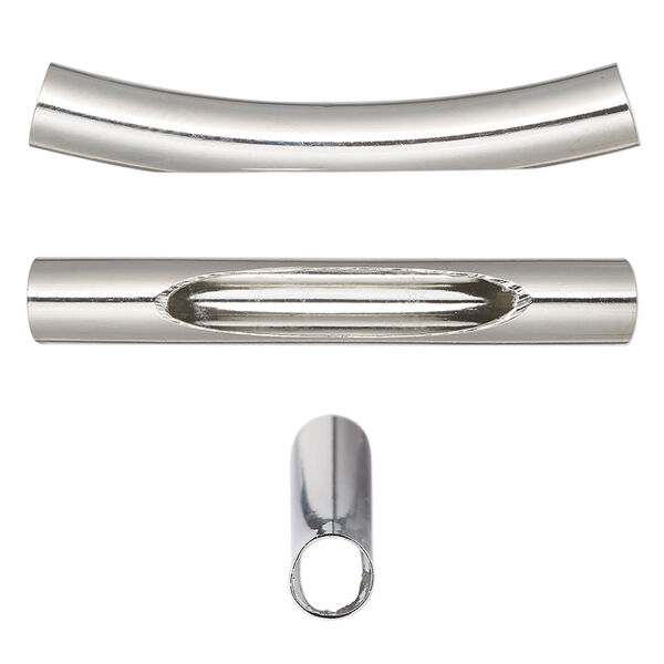 Bead, imitation rhodium-finished brass, 40x6mm curved tube with oval cutout. Sold per pkg of 10. image number 0