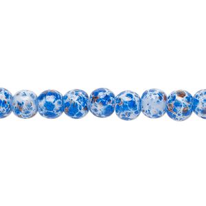 Bead, glass, opaque dark blue / light blue / purple, 5-6mm round with random spotted pattern. Sold per 15-1/2" to 16" strand.