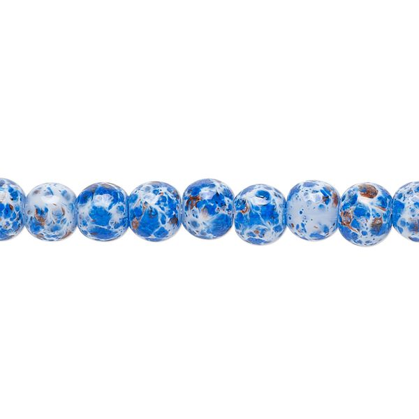Bead, glass, opaque dark blue / light blue / purple, 5-6mm round with random spotted pattern. Sold per 15-1/2" to 16" strand. image number 0