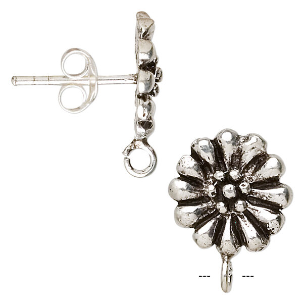 Earstud, antiqued sterling silver, 11x11mm flower and open loop. Sold per pair. image number 0