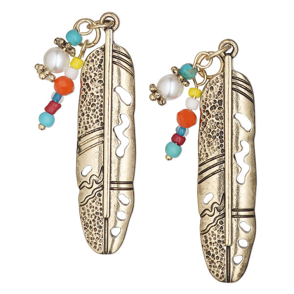 Focal, antique gold-finished "pewter" (zinc-based alloy) and glass, gold and multicolored, 44x11mm single-sided feather with steel jump rings and two headpin dangles with mix of small beads. Sold per pkg of 2. image number 0