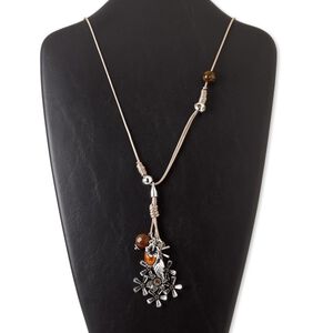 Necklace, waxed cotton cord / glass / resin / silver-coated plastic / silver-finished steel / antique silver-finished "pewter" (zinc-based alloy), tan / brown / orange, flower, 28-inch continuous loop. Sold individually.