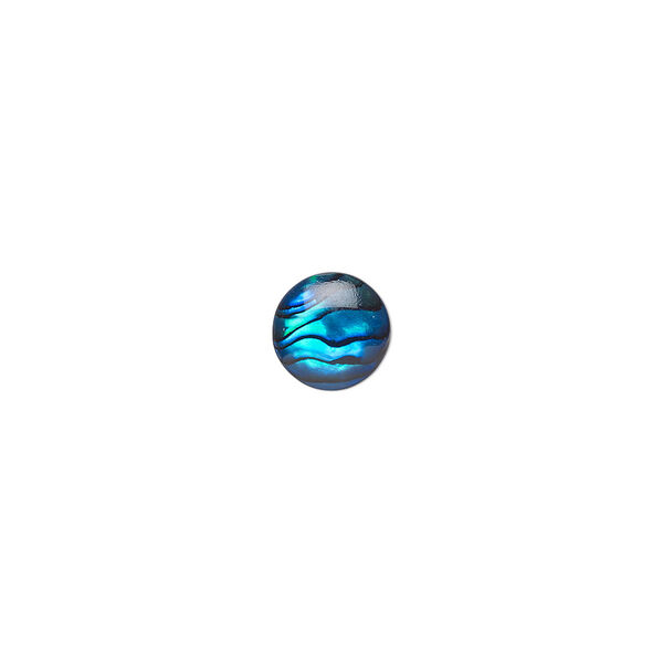 Cabochon, paua shell (dyed / coated), blue, 8mm calibrated round, Mohs hardness 3-1/2. Sold per pkg of 6. image number 0