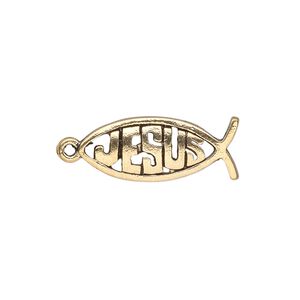 Drop, antique gold-finished "pewter" (zinc-based alloy), 23x9mm single-sided Christian fish with "JESUS." Sold per pkg of 20.