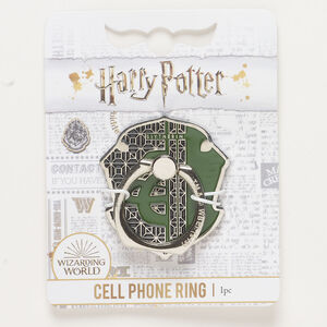 Cellphone ring, silver-finished brass and steel / enamel / adhesive, green, 43x39mm with Slytherin™ crest and ring.
