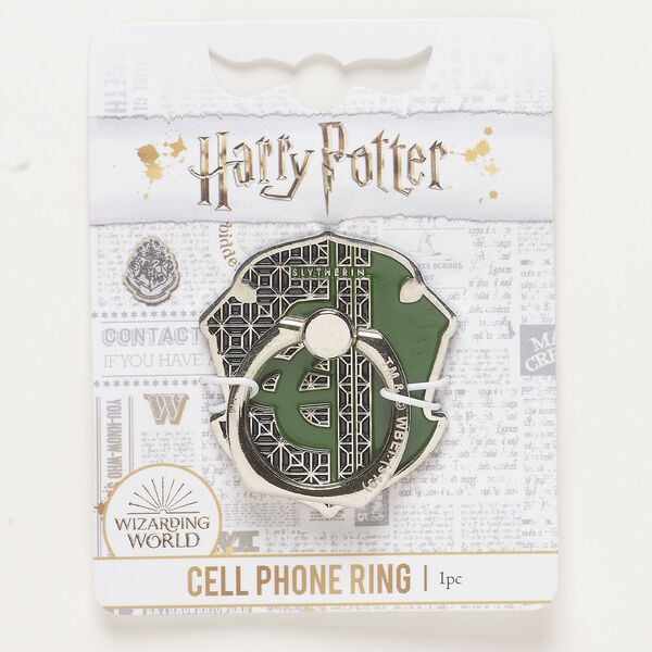 Cellphone ring, silver-finished brass and steel / enamel / adhesive, green, 43x39mm with Slytherin™ crest and ring. image number 0