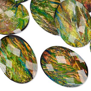 Cabochon, resin, opalescent black and multicolored, 25x18mm non-calibrated faceted oval. Sold per pkg of 12.