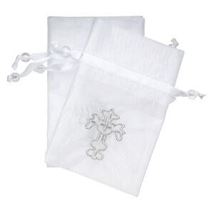 Pouch, satin / organza / acrylic, silver / clear / white, 4-3/4  x 3-1/4 inch rectangle with embroidered cross and drawstring closure with 8mm round bead. Sold per pkg of 2.