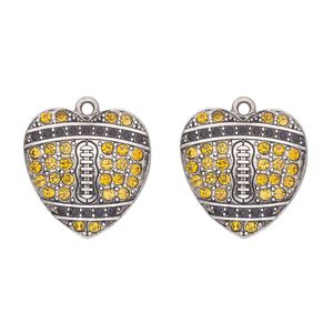 Charm, antique silver-finished "pewter" (zinc-based alloy) and glass, black and yellow, 23x22mm single-sided heart with "football pattern". Sold per pkg of 2.