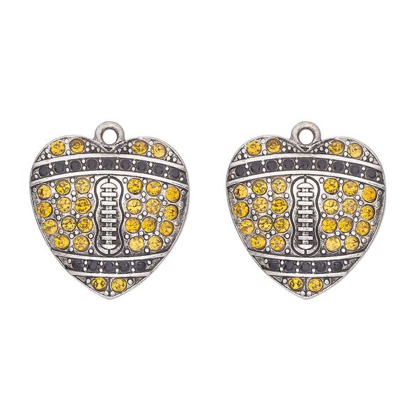 Charm, antique silver-finished "pewter" (zinc-based alloy) and glass, black and yellow, 23x22mm single-sided heart with "football pattern". Sold per pkg of 2. image number 0
