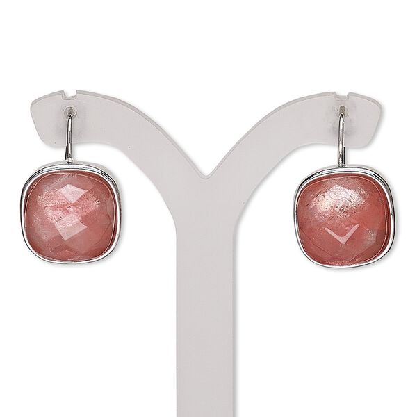 Earring, cherry "quartz" glass and silver-finished "pewter" (zinc-based alloy), 21mm with square and fishhook ear wire. Sold per pair. image number 0