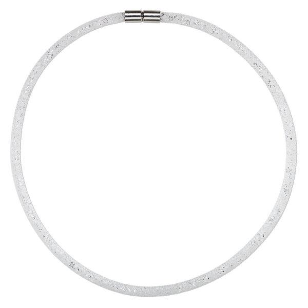 Necklace, nylon / acrylic / imitation rhodium-finished "pewter" (zinc-based alloy), white and clear, 4mm wide mesh, 18 inches with magnetic clasp. Sold individually. image number 0
