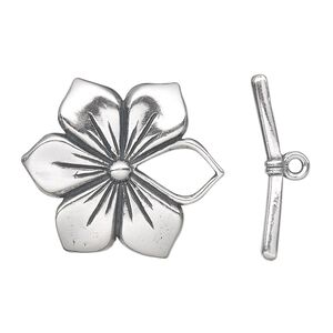Clasp toggle 1pkg1 sterling silver, 27mm flower, antiqued 1-strand