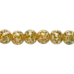 Bead, glass, opaque dark yellow / green / white, 7-8mm round with random spotted pattern. Sold per 15-1/2" to 16" strand.