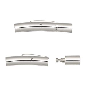 Clasp bullet 1pkg1, 30x6.5mm curved round tube / push release / fits 3mm cord, stainless steel 1-strand