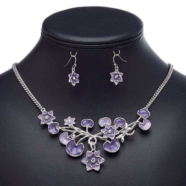 Necklace and earring set, enamel / glass rhinestone / imitation rhodium-plated brass / steel / "pewter" (zinc-based alloy), purple / lavender / clear, lotus, 18-inch necklace with 2-inch extender chain and lobster claw clasp, 26mm earrings with fishhook ear wire. Sold per set. image number 0