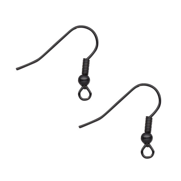 Ear wire, electro-coated stainless steel, black, 19mm fishhook with 3mm ball and 4mm coil with open loop, 21 gauge. Sold per pkg of 5 pairs. image number 0