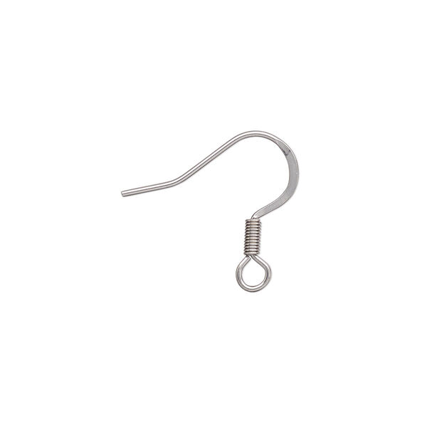 Ear wire, stainless steel, pkg/10 pairs, 16.5mm fishhook flat with 3.5mm coil and open loop, 22 gauge. image number 0