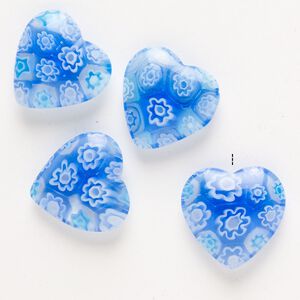 Bead, millefiori glass, pkg/4, translucent multicolored, 18-20mm half-drilled puffed heart.